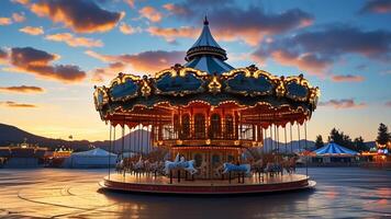 Carousel at sunset, amusement park photo