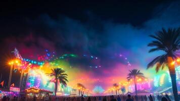 Colorful fireworks display over a festive fairground at night. photo
