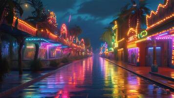 Colorful neon lights reflecting on a wet street at night. photo