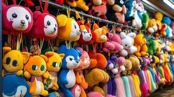 Colorful plush toys hanging in a shop. photo