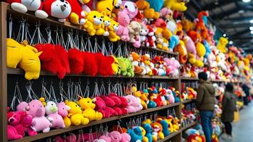 Colorful stuffed animals on shelves in a toy store. photo