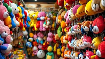 Colorful stuffed animals hanging in a toy store. photo