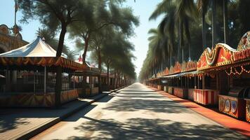 Colorful stalls and palm trees line a sunny street. photo