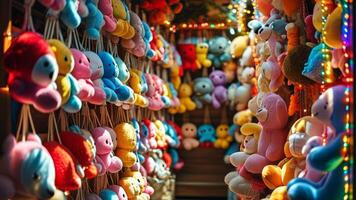 Colorful stuffed animals hanging in a toy store. photo