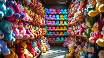 Colorful stuffed animals on shelves in a toy store. photo