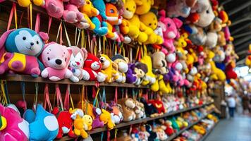Colorful stuffed animals on display. photo