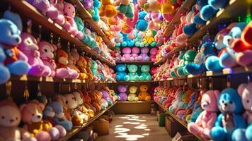 Colorful stuffed animals on shelves. photo