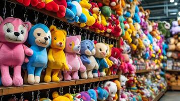 Colorful stuffed animals on shelves. photo