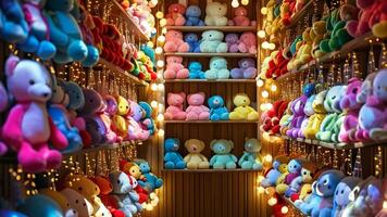 Colorful teddy bears on shelves in a toy store. photo