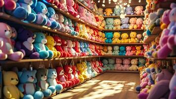 Colorful teddy bears on shelves in a toy store. photo