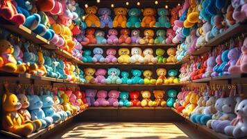 Colorful teddy bears on shelves. photo