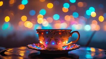 Cozy teacup with fairy lights photo