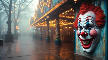 Creepy clown face on a foggy amusement park building. photo