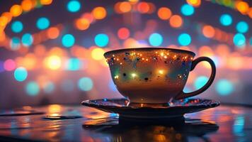 Cozy teacup with bokeh lights photo