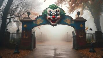 Creepy clown gate in foggy park photo