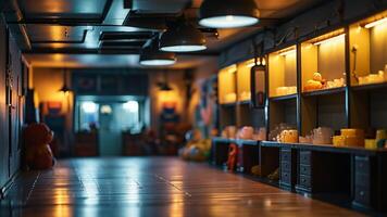 Dark corridor with shelves and toys photo