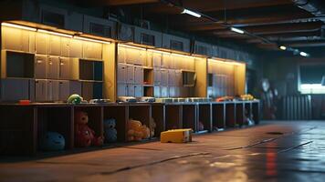 Dark, dimly lit room with old lockers and discarded toys. photo