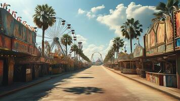 Deserted carnival street with Ferris wheel and palm trees photo