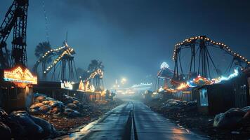 Eerie, dark amusement park at night. Foggy, mysterious atmosphere. photo