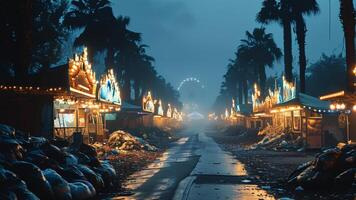 Deserted amusement park at night after a storm photo