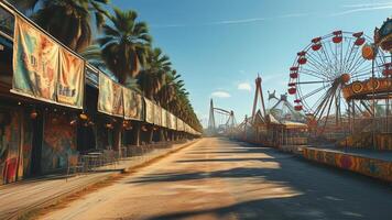 Empty amusement park path, Ferris wheel in background photo