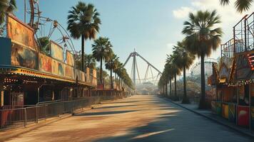 Empty amusement park street at sunrise photo
