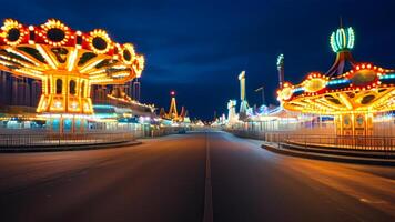 Empty amusement park at night, illuminated rides. photo