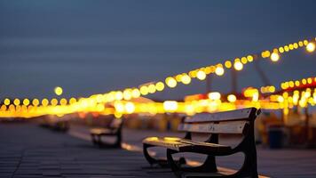 Empty bench at night boardwalk with lights photo