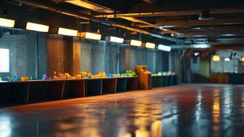 Empty arcade interior with colorful game machines photo