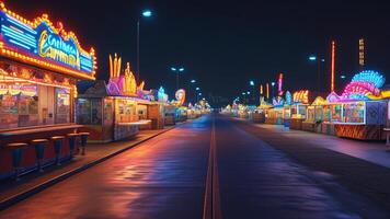 Empty carnival at night, colorful lights photo