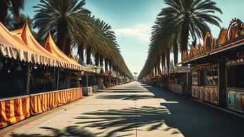 Empty fairground alley with palm trees photo