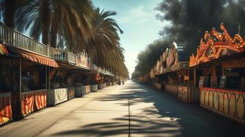 Empty fairground alleyway with palm trees photo
