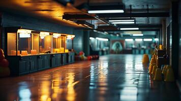 Empty corridor with ticket booths and shiny floor. photo