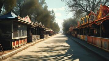 Empty fairground street with colorful stalls photo