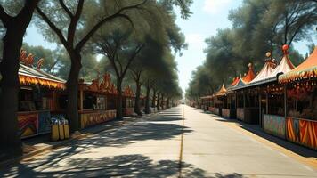 Empty fairground alleyway with colorful stalls and trees photo