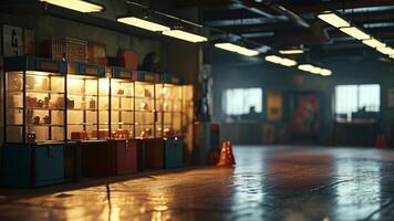 Empty garage with display cases and vintage items photo