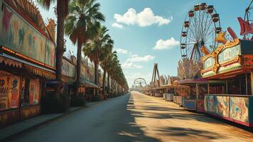 Empty fairground with Ferris wheel and palm trees photo