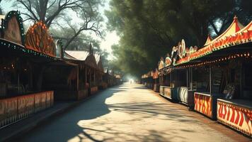 Empty funfair alley in the morning sun. photo