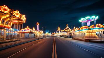 Empty road at night with illuminated amusement park rides. photo