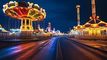 Empty road leading to illuminated amusement park at night. photo