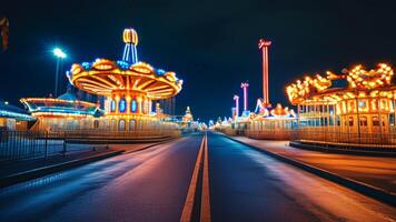 Empty road leading to illuminated amusement park rides at night. photo