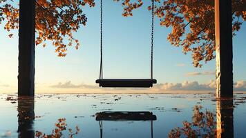 Empty swing over calm water at sunset photo