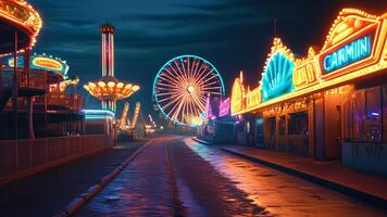 Empty street at a brightly lit amusement park at night. photo