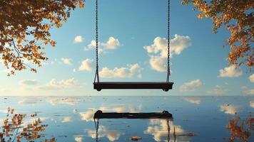 Empty swing over calm water, autumn leaves photo