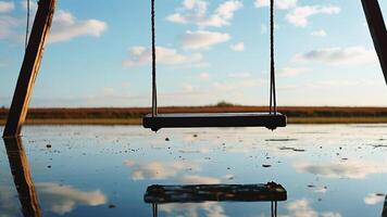 Empty swing set reflecting in calm water photo