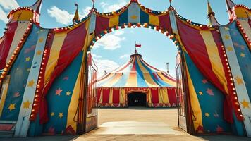 Entrance to a colorful circus tent. photo