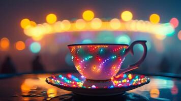 Enchanted teacup glowing with colorful lights. photo