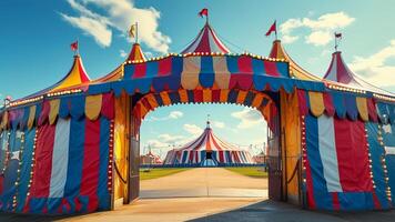 Entrance to a colorful circus tent. photo