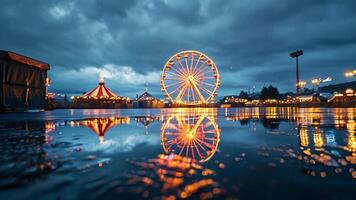Ferris wheel at night reflecting in a puddle photo