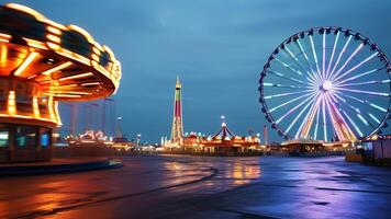 Ferris wheel, carousel, and amusement park rides at night. photo